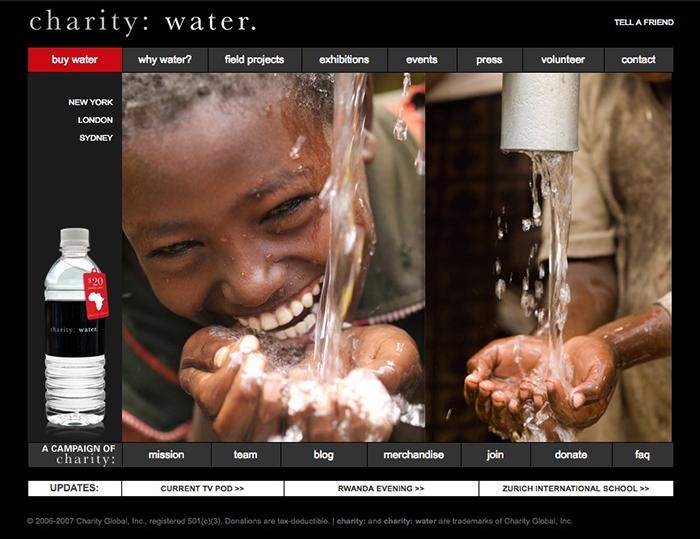 A screenshot of the charity water homepage in 2007.