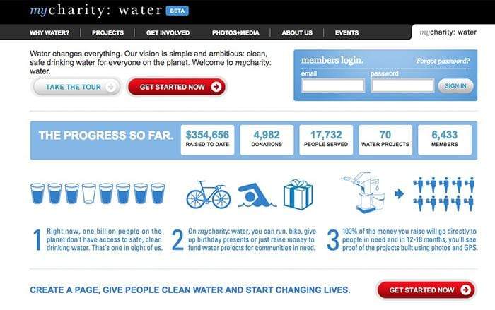 A screenshot of the first version of the mycharity fundraising platform by charity water in 2009.