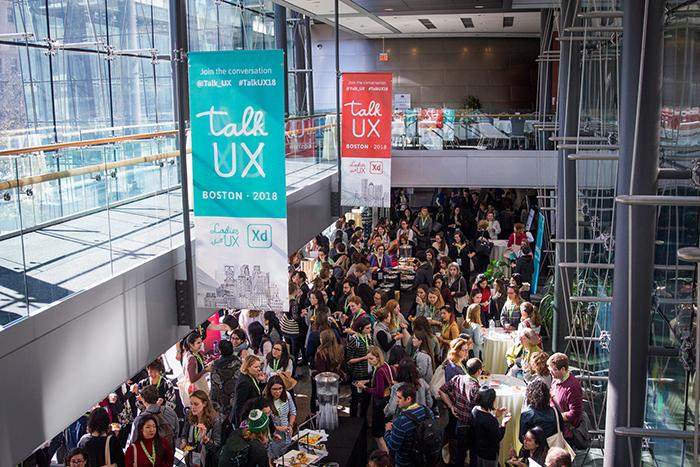 An aerial view of some of the Talk UX banner designs created by hybrid designer, Katie Langerman