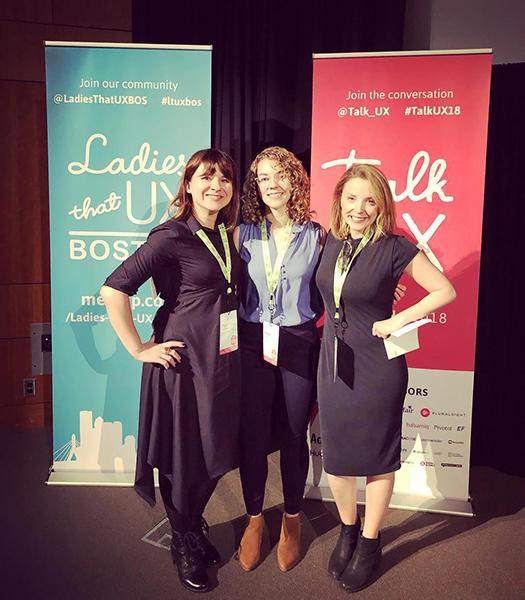  Katie Langerman (center) stands with Lara Cavezza and Olga V. Perfilieva at the Talk UX conference. 