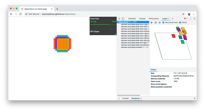 Developer Tools in Chrome: Layers panel and FPS meter.