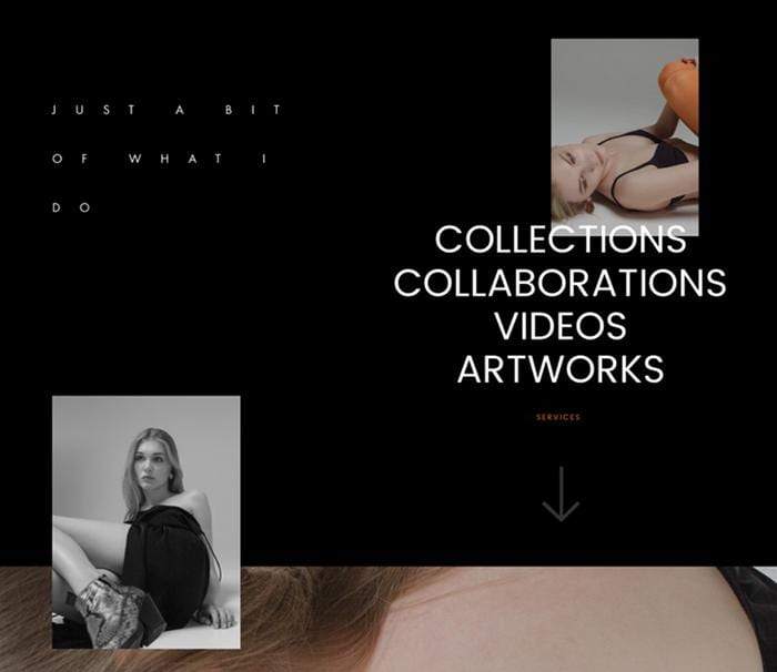 An example of the Fashion Influencer UI kit being used to design a fashion photographer's portfolio.