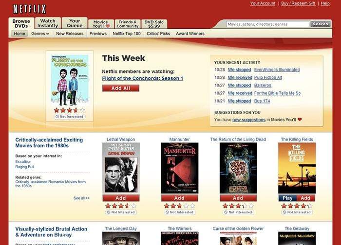 A screenshot of the Netflix UI in 2008 when the service had just begun offering online streaming on select titles.