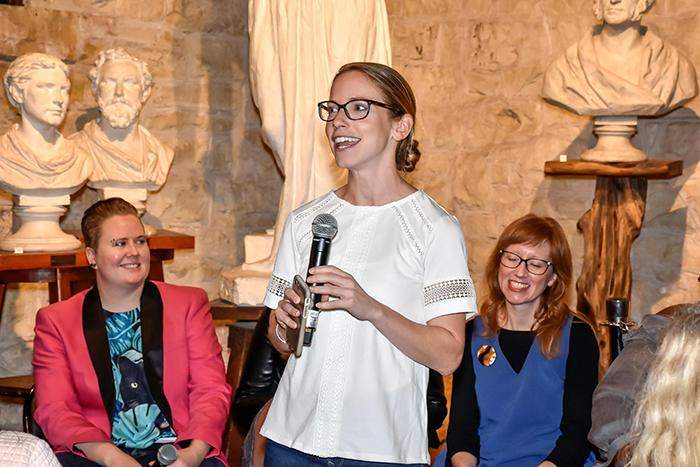 Danielle Barnes introducing a panel discussion at the 2018 Austin Design Week Conference.