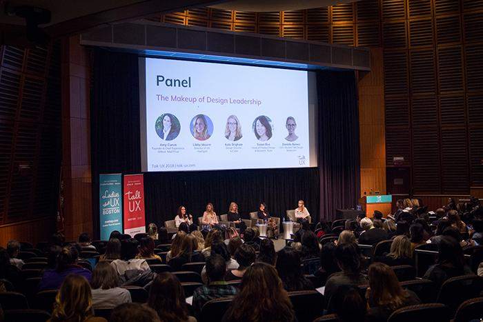 Danielle Barnes moderates the design leadership panel at the 2018 Talk UX conference in Boston.