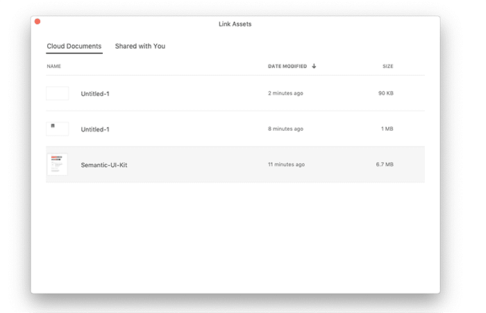 A screenshot displaying how to load the Semantic UI kit cloud document as a linked asset in Adobe XD.