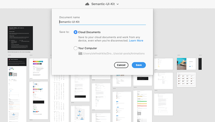 A screenshot displaying how to save the Semantic UI kit as a cloud document in Adobe XD.