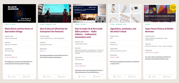 An example of some of the talks available to watch at the Women Talk Design website.