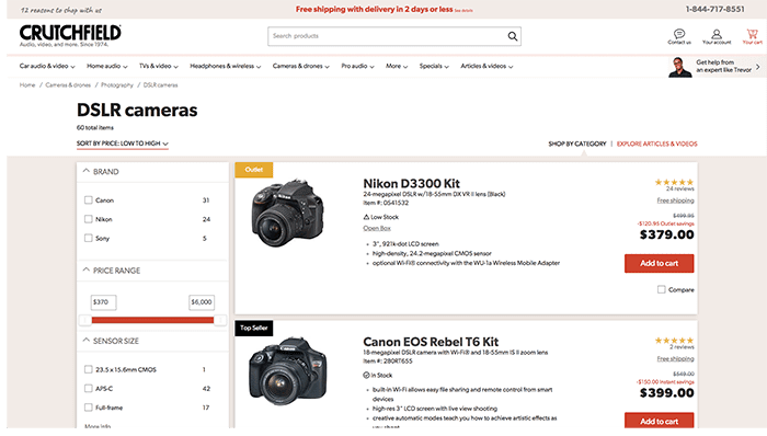  Electronics retailer Crutchfield establishes trust by using a variety of diagrams, copy, and content types to provide as much detail for customers as possible.