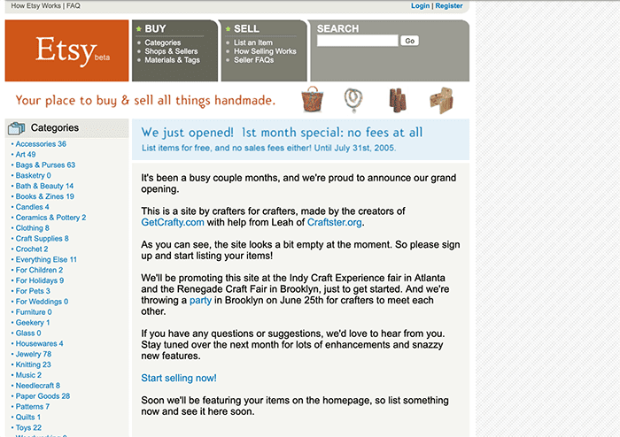 A screenshot of the Etsy homepage user interface when the site was first launched in 2005.