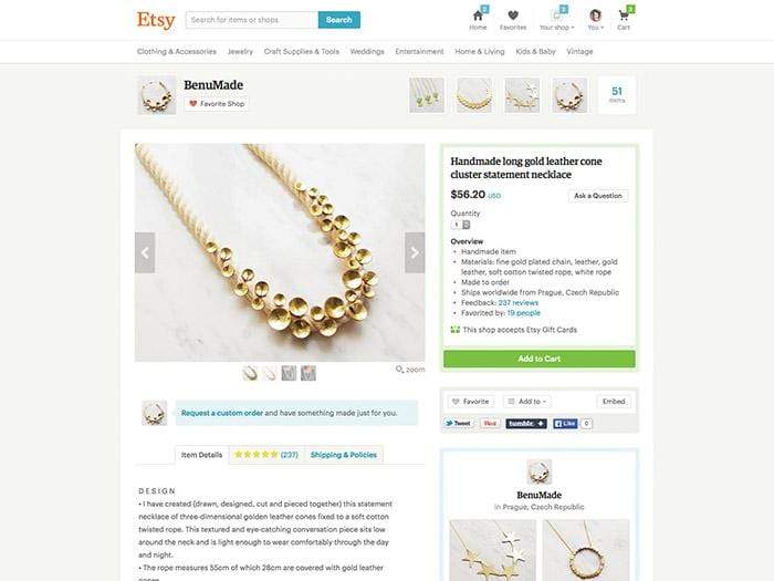 An example of a product listing for a handmade necklace listed on Etsy in 2015.