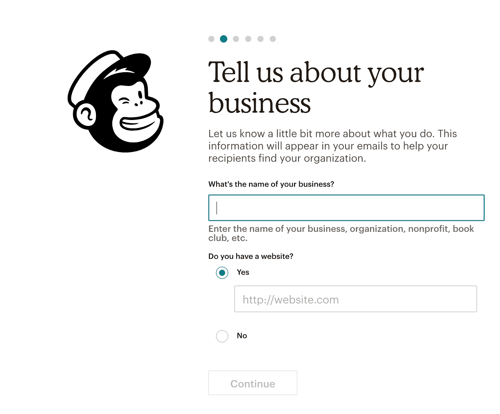 Mailchimp's onboarding experience is almost entirely driven by the copy guiding the user's interactions with the site.