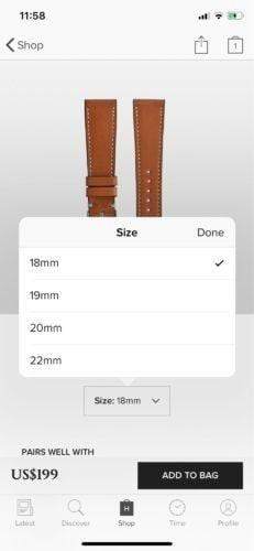 A screenshot of size options on the Hodinkee app