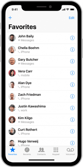 Favorites contact list on an iPhone X