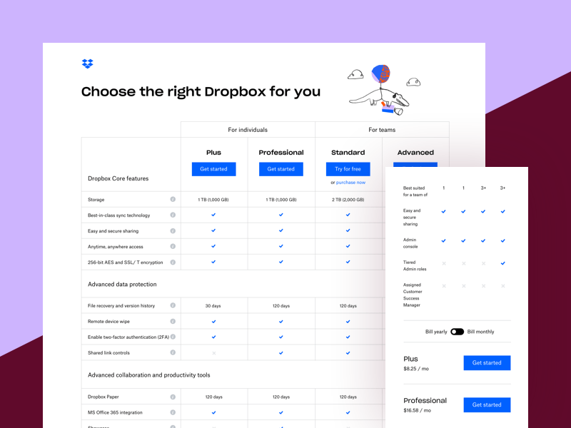 screenshot showing various dropbox pricing