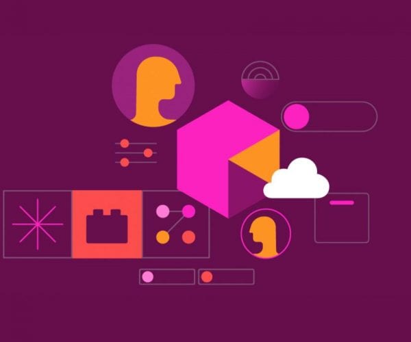 Purple background and colored shapes creating a system