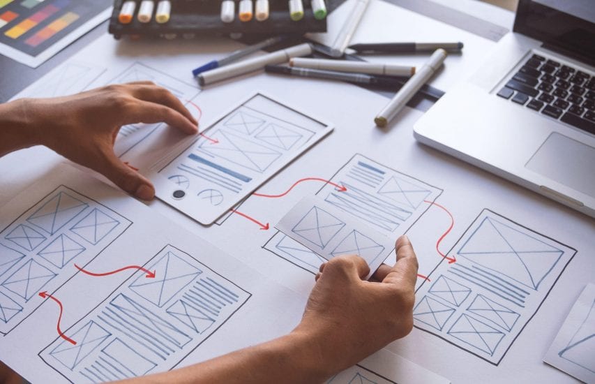 ux Graphic designer creative sketch planning application process development prototype wireframe for web mobile phone . User experience concept.