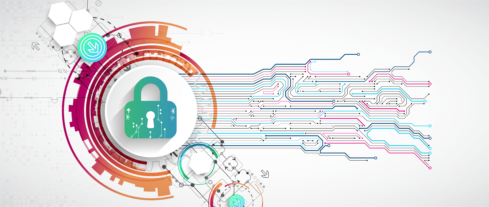 An illustration depicting the role of security in data and technology; a secure lock icon overlays graphics of circuitry and data.