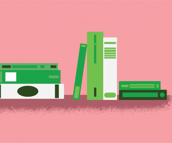 Illustration with a pink background and green books