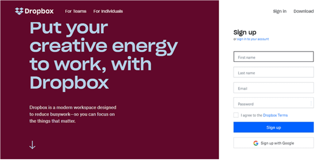Screenshot of the Dropbox Sign Up page