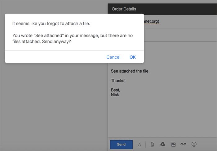 A screenshot of a Gmail error for forgetting to attach a file