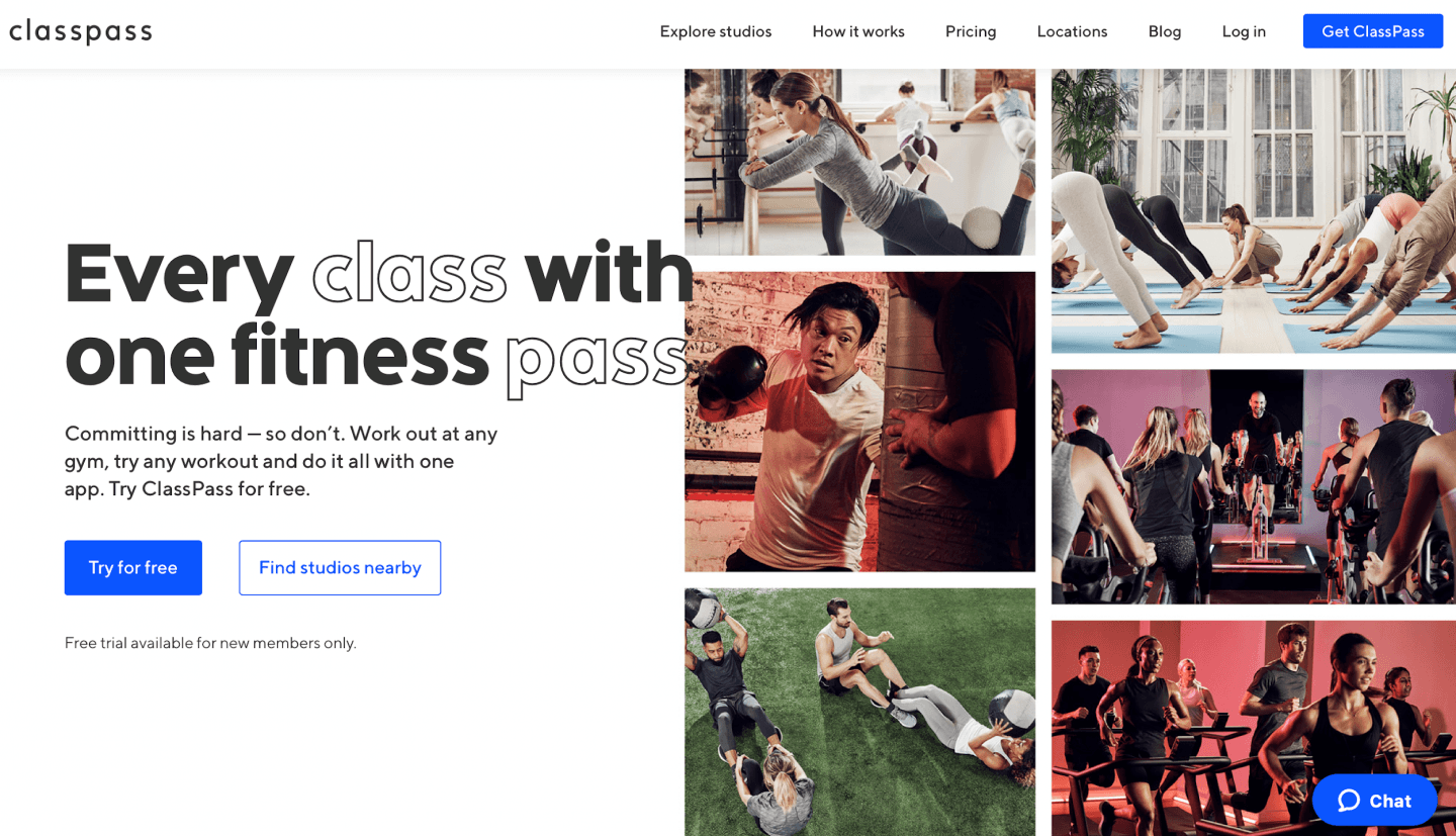 A screenshot of classpass homepage