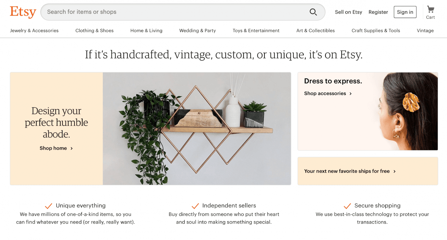 A screenshot of Etsy homepage