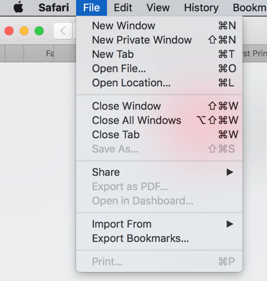 A screenshot of the file menu on Safari