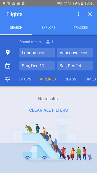 Screenshot of Google flights app