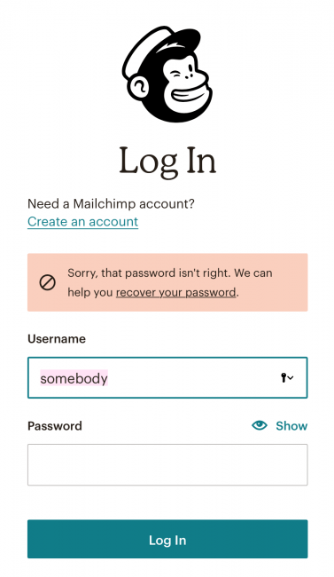 A screenshot of Mailchimps login screen