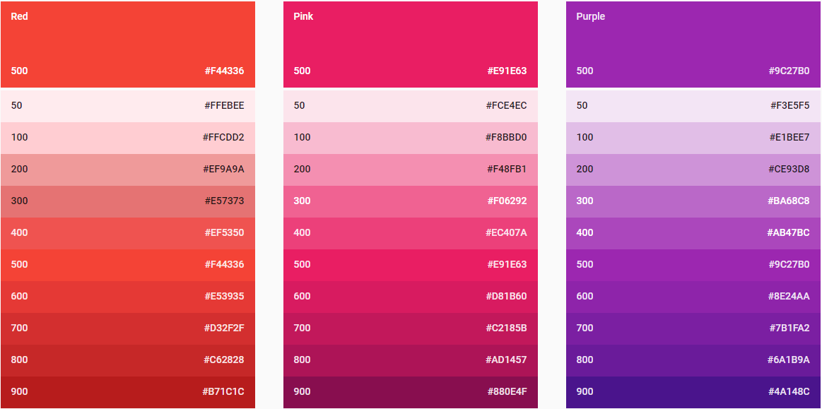 three color swatches from material design