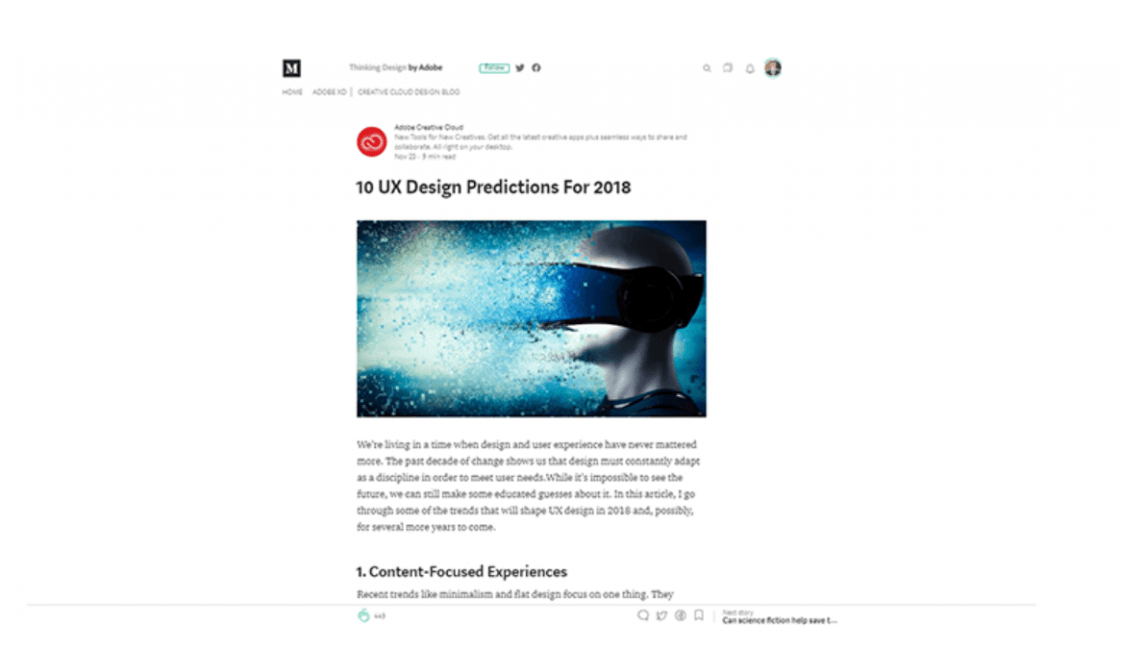 Screenshot of the blogging platform, Medium