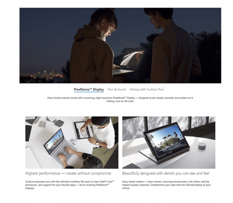 Screenshot from the Microsoft Surface website