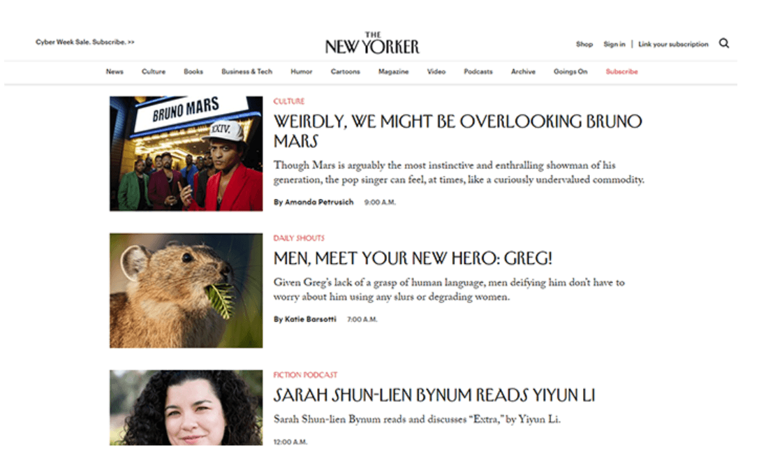 Screenshot of The New Yorker homepage