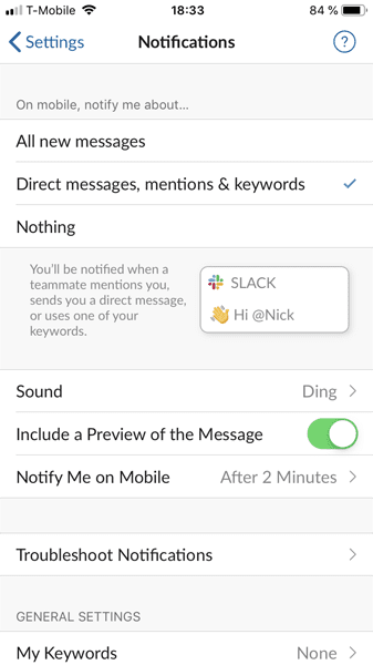 Screenshot of Slack's notification preferences page