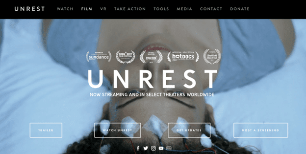 A screenshot of the Unrest film homepage