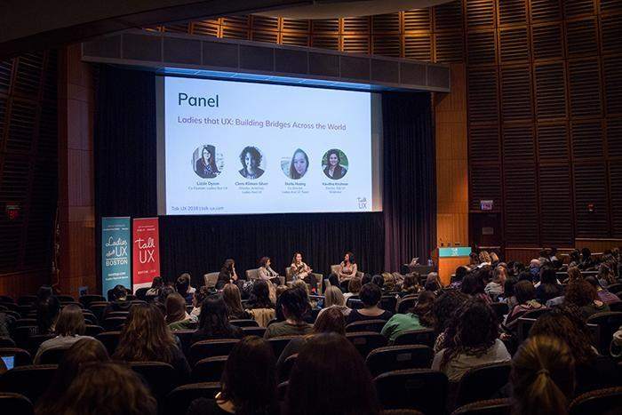 Kavitha Krishnan sits on a panel at the Talk UX Conference in Boston, October 2018