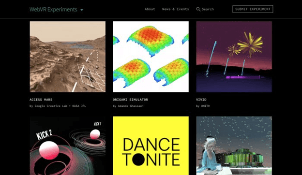  A screenshot of WebVR Experiments homepage