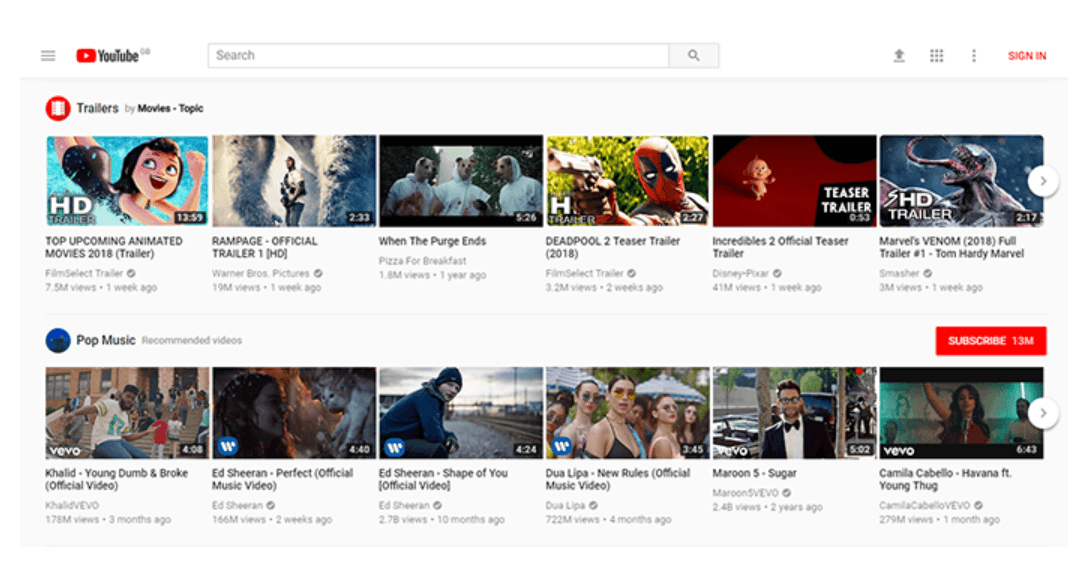 Screenshot of Youtube grid layout