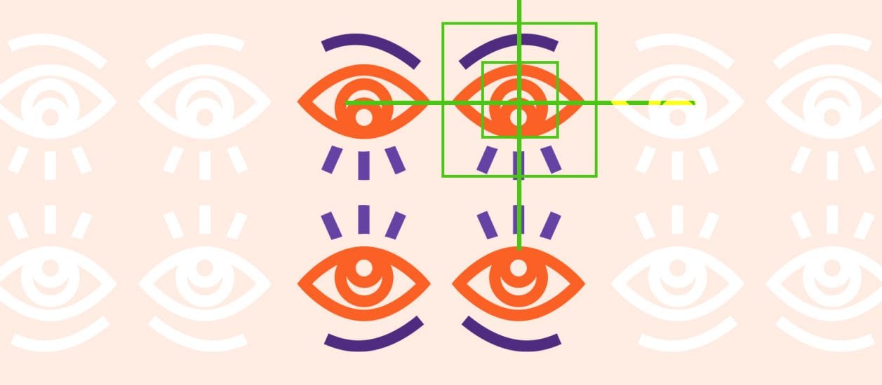 Illustration of four eyes with a square box around one eye.