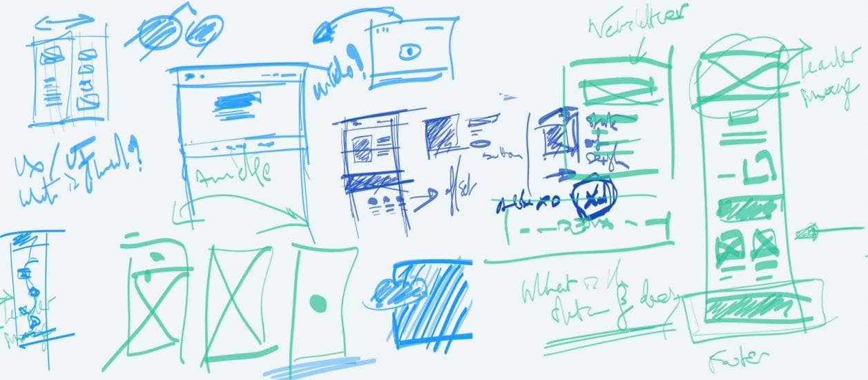 Blue and green colored diagrams of different screens sketched on a whiteboard.