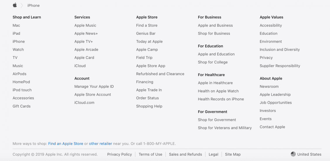 Apple uses bottom navigation in the footer of their website.