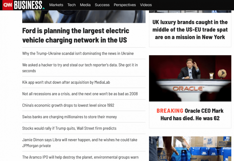 CNN's business page has sub-topics like markets, tech, media, etc.