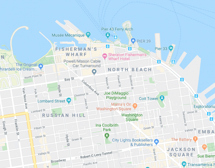A digital map of San Francisco as depicted by Google maps.