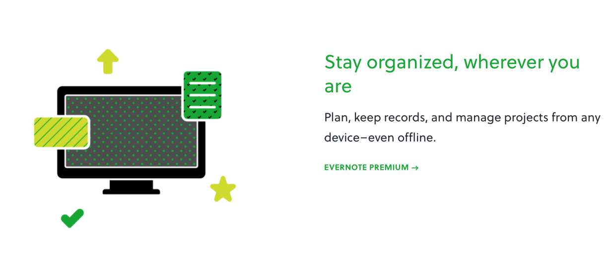 Evernote uses progressive disclosure to provide more information about the product.