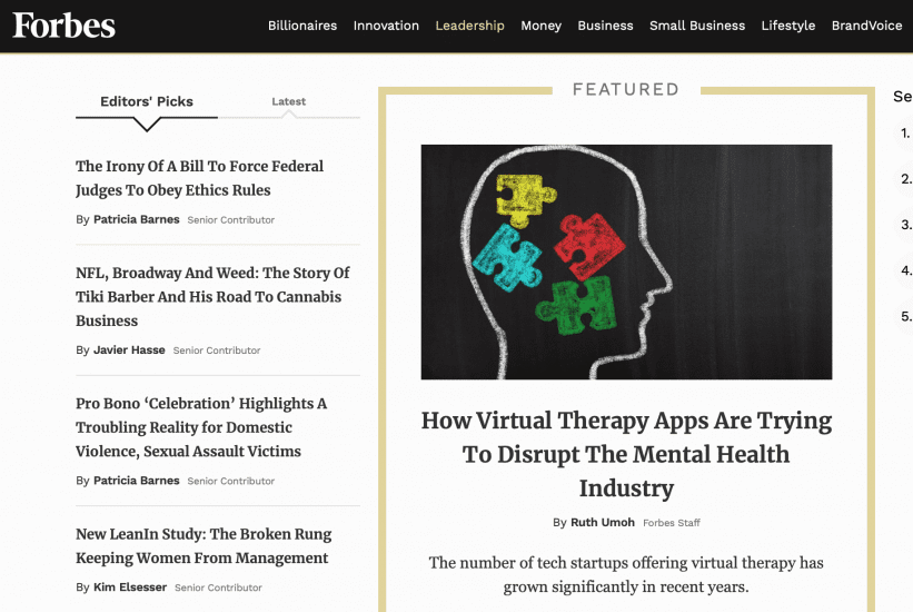 Forbe's sidebar showcases editor's picks and most recent content.
