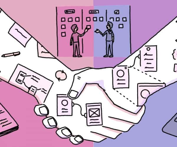 An illustration depicting the arm of design and the arm of development shaking hands in collaboration.