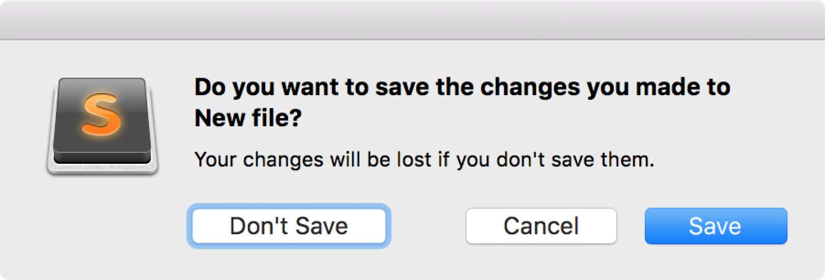 MacOS dialog box that is asking the user if they want to save changes to the new file.