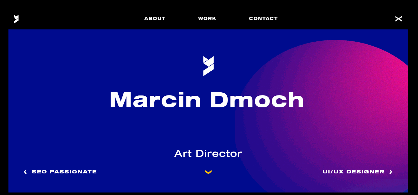 Gif of the Marcin Dmoch website separating different website sections with parallax effects.