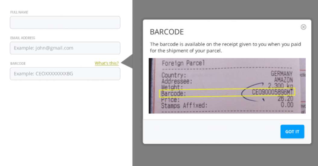 A modal window shows the barcode on a store receipt